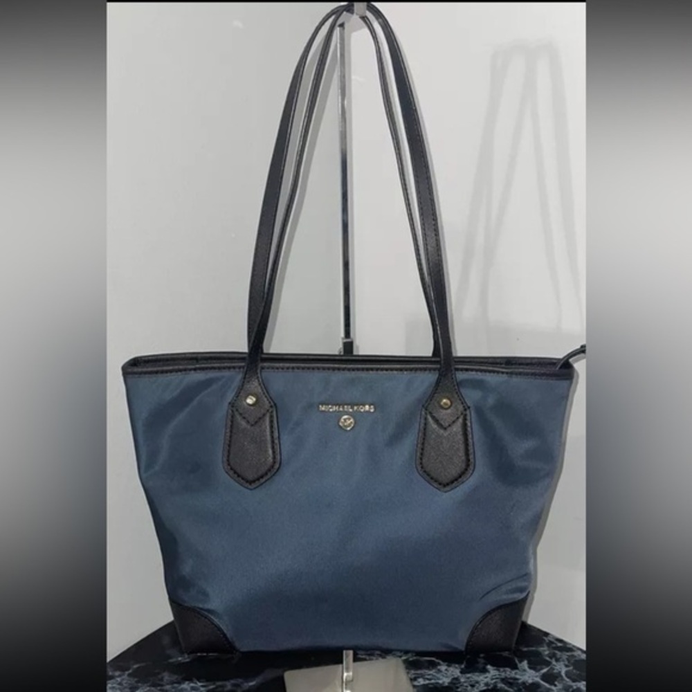 MICHAEL KORS Eva Top Zip Tote Nylon Bag Navy Gold Hardware AUTHENTIC
